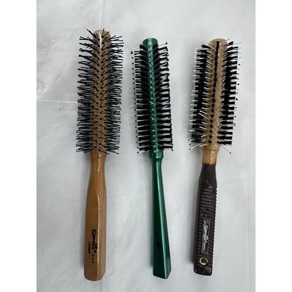 Vintage Spornette Round Bristle Hair Brush Lot Of 3 #826 #973 Wood Handle - Picture 2 of 8